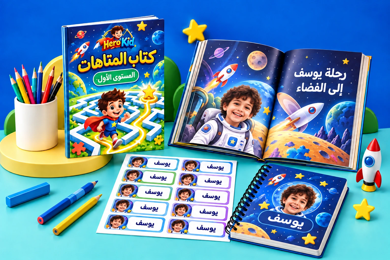 عالم HeroKid: قصة مخصصة ودفتر وملصقات وكتاب متاهات