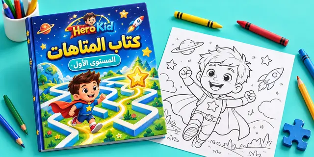 كتاب متاهات مع ورقة تلوين وأقلام ملونة
