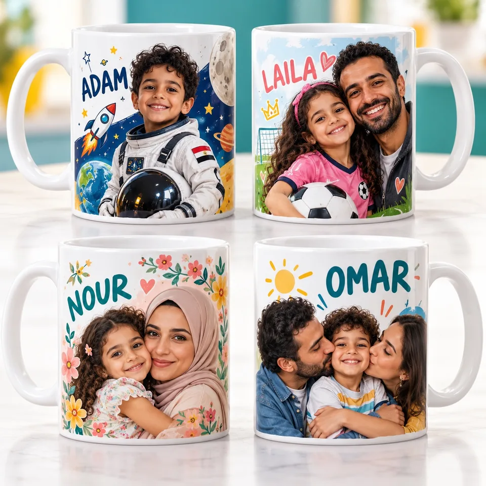مج الذكريات باسم وصورة طفلك مع العائلة